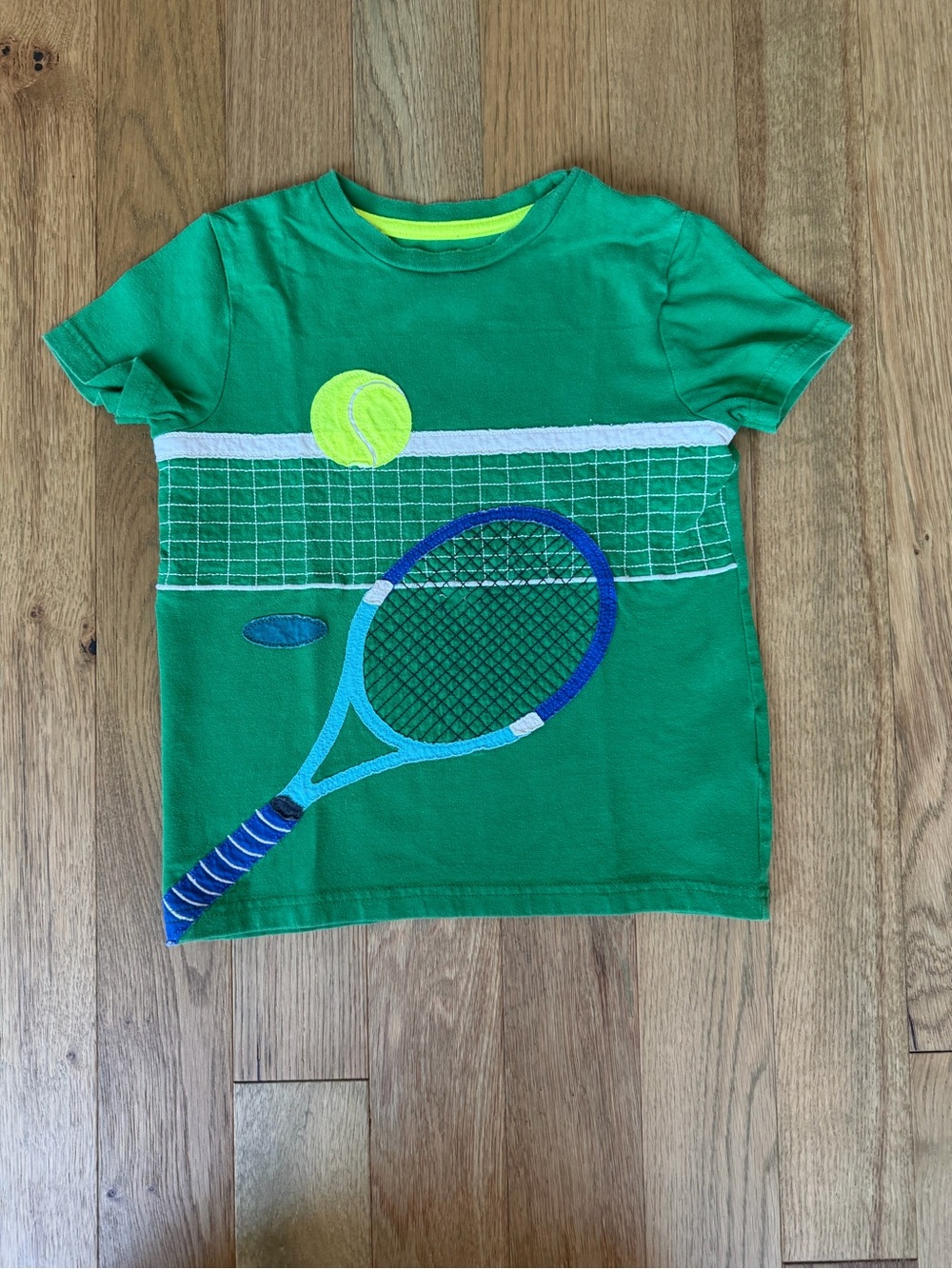 Mini Boden Boys 5-6Y Green Tennis Racket Appliqué Short Sleeve T-Shirt